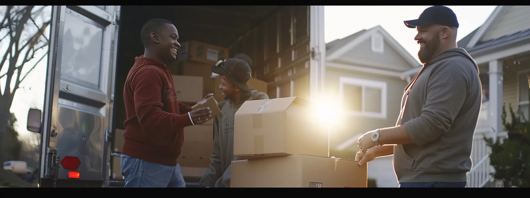 a smiling family effortlessly unloading boxes from a moving truck with the help of friendly local movers.