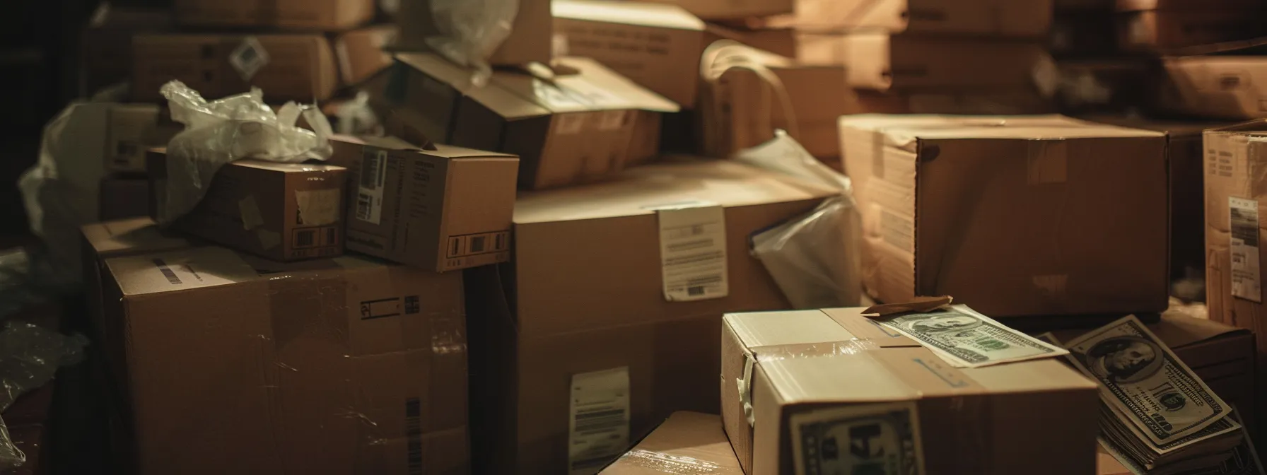 a stack of moving boxes with price tags and scattered dollar bills, symbolizing hidden expenses when moving in san diego.