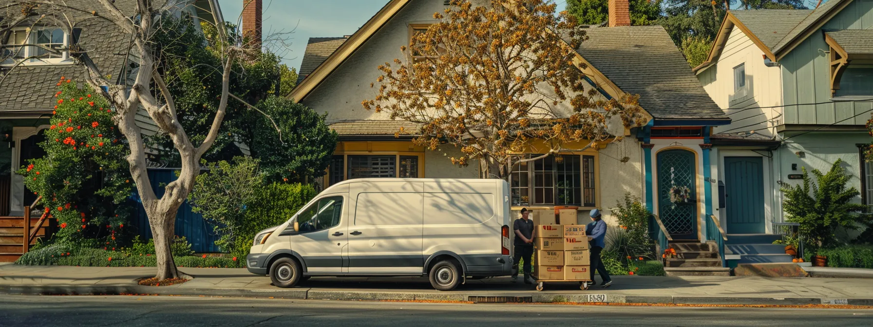 a professional moving company van parked in front of a charming oakland home, with workers carrying boxes of belongings into the house.