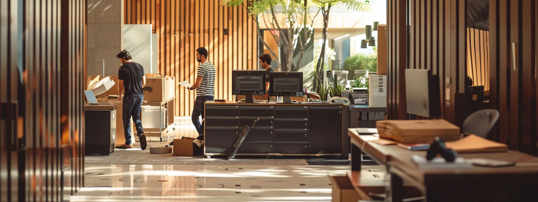 a group of professional office movers in los angeles carefully packing and organizing business equipment in a modern office space.