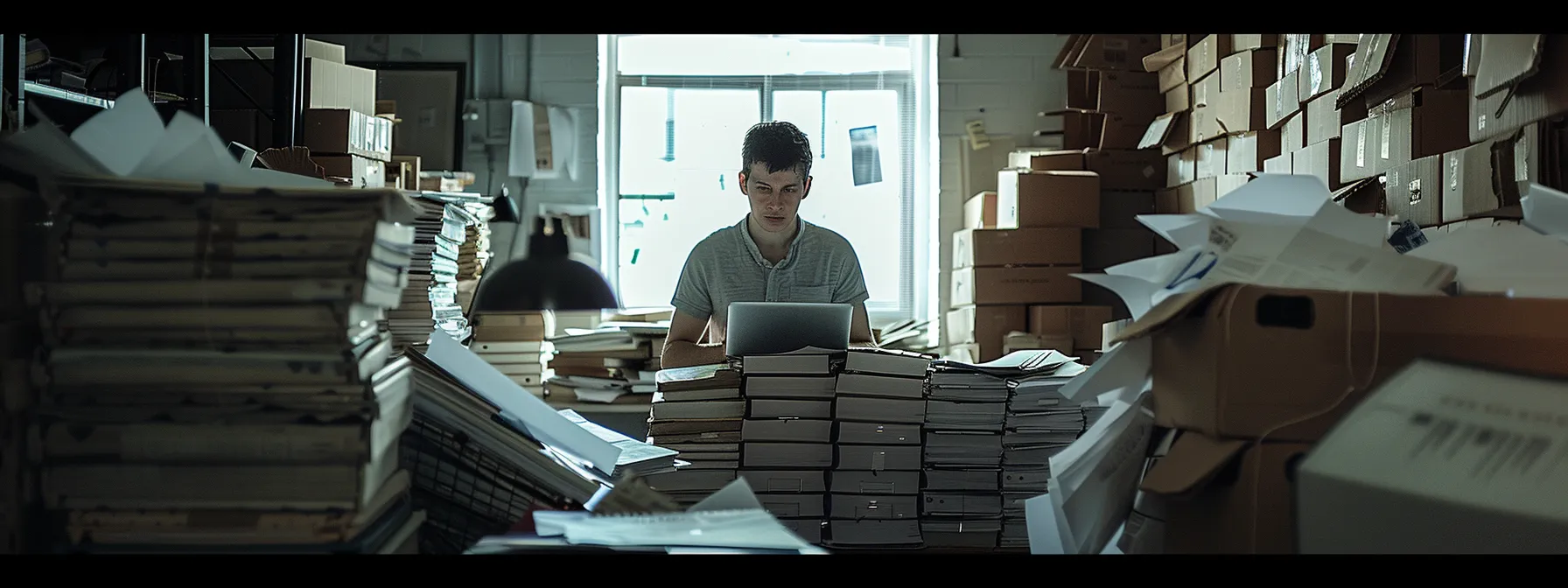 a person surrounded by stacks of papers, notes, and a laptop while researching and shortlisting moving companies in san diego.