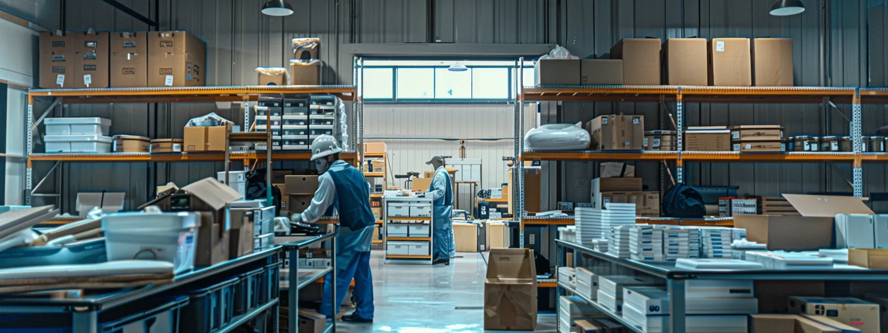 a team of meticulous workers efficiently packing boxes in a brightly lit room with stacks of neatly organized supplies in los angeles.