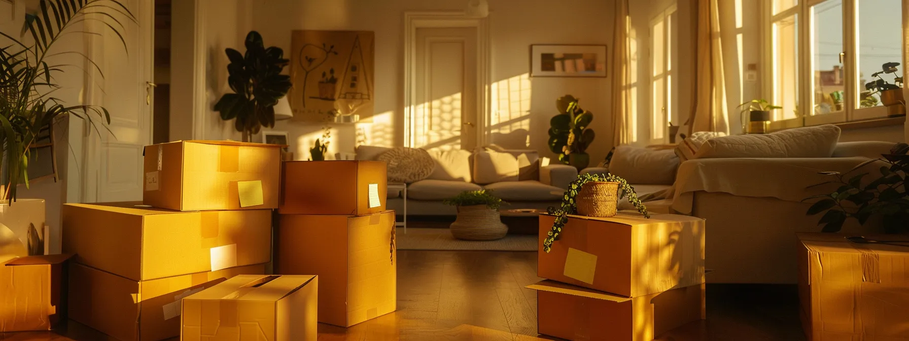 a moving team carefully packing fragile items into labeled boxes in a cozy living room.