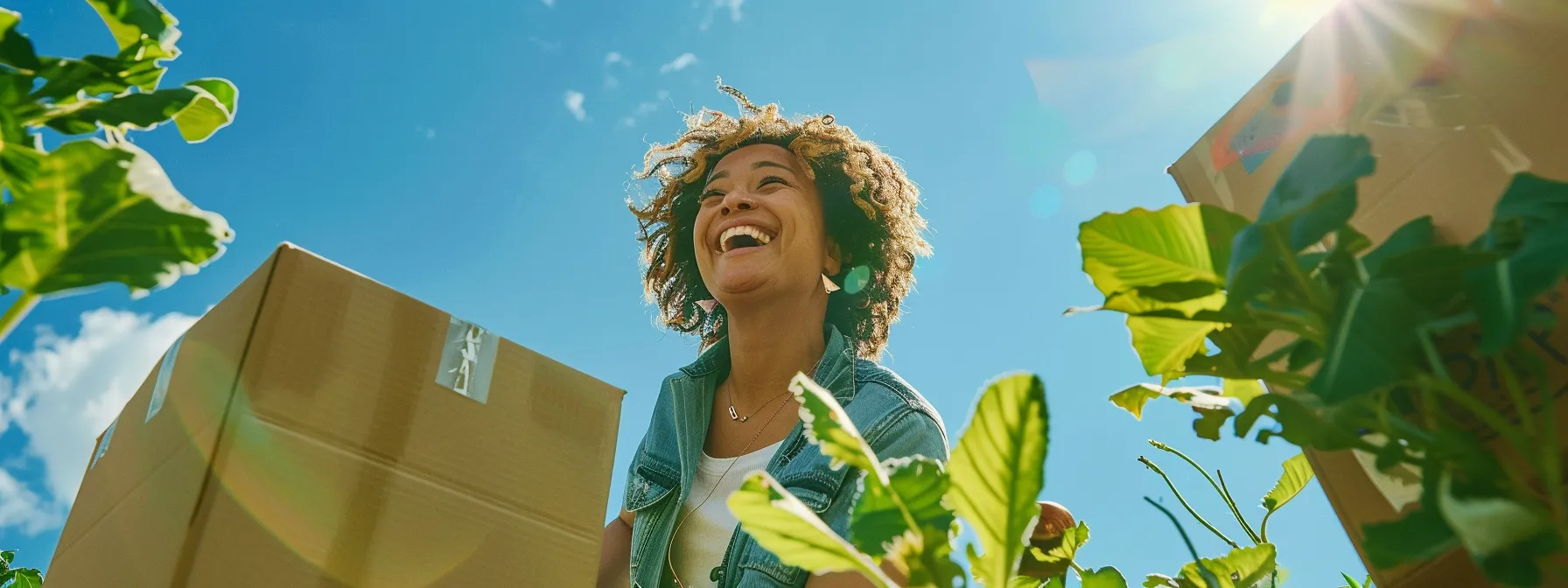 a person happily packing boxes with biodegradable, recyclable materials, surrounded by vibrant green plants and clear blue skies.