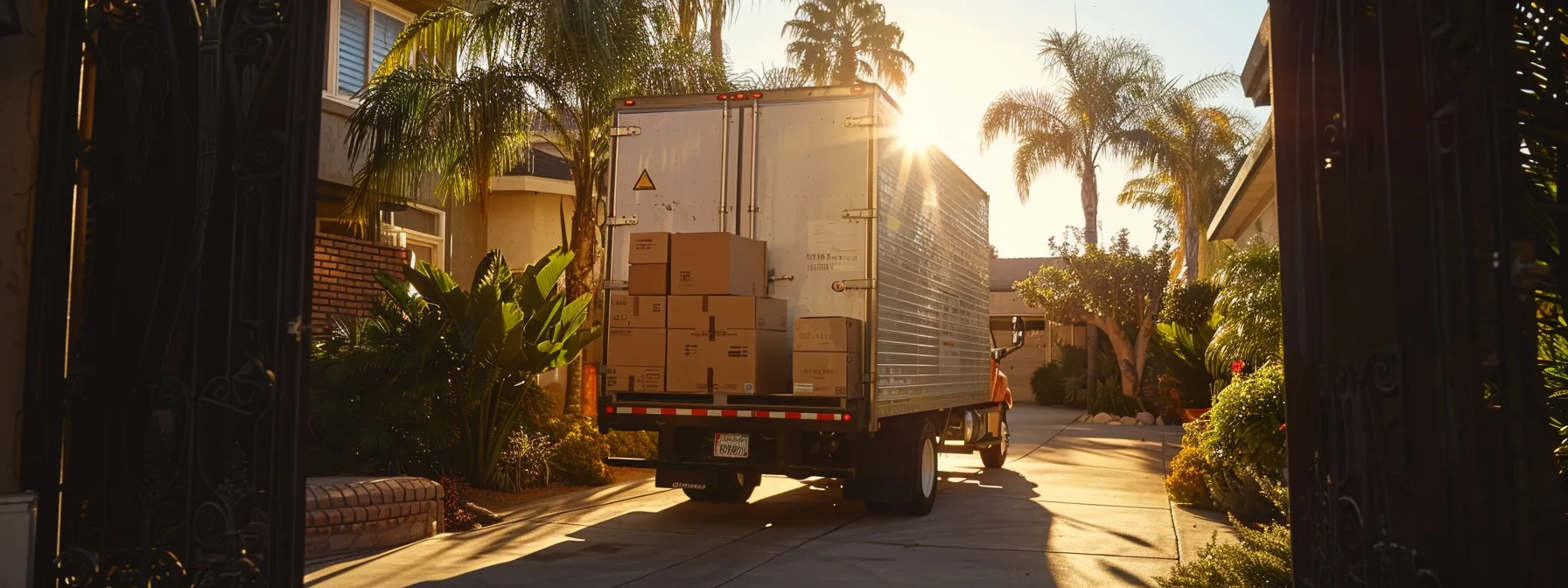 a moving truck parked in front of a sunny san diego home, filled with boxes and furniture ready to be transported.