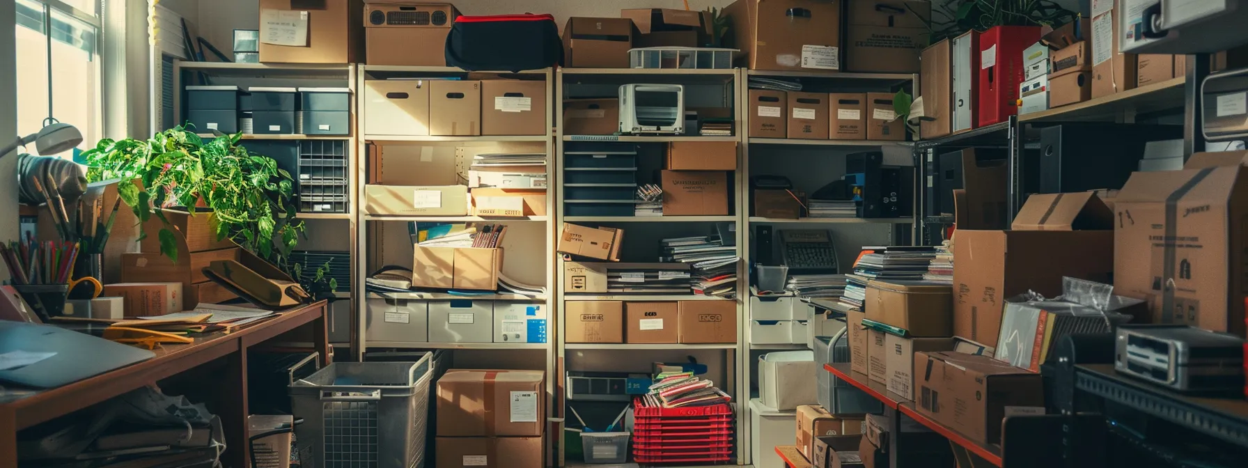 a cluttered, organized office space with neatly labeled boxes and bins showcasing short term storage solutions in san diego.