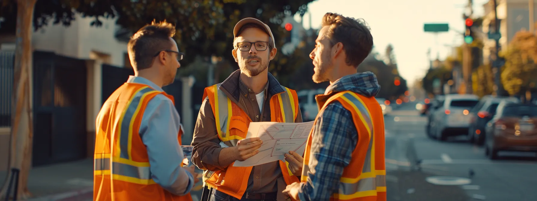 a group of movers discussing routes through los angeles neighborhoods, surrounded by maps and planning tools, showcasing their local expertise and strategic approach to navigating city traffic.