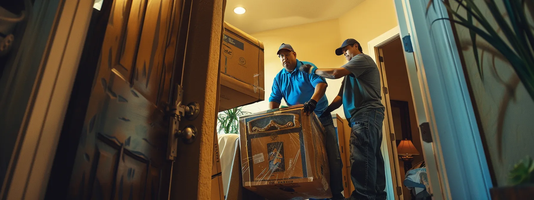 a team of professional movers expertly maneuvering furniture through a narrow doorway, showcasing their efficient and skilled relocation services in los angeles.