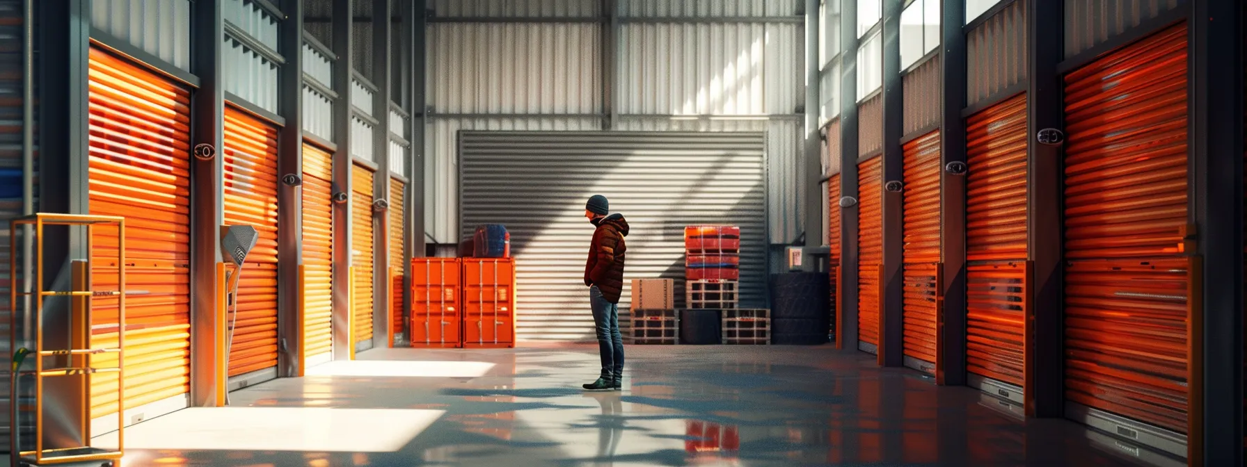 a person standing in front of different sized storage units, carefully assessing the volume of items to store and considering the various options available.