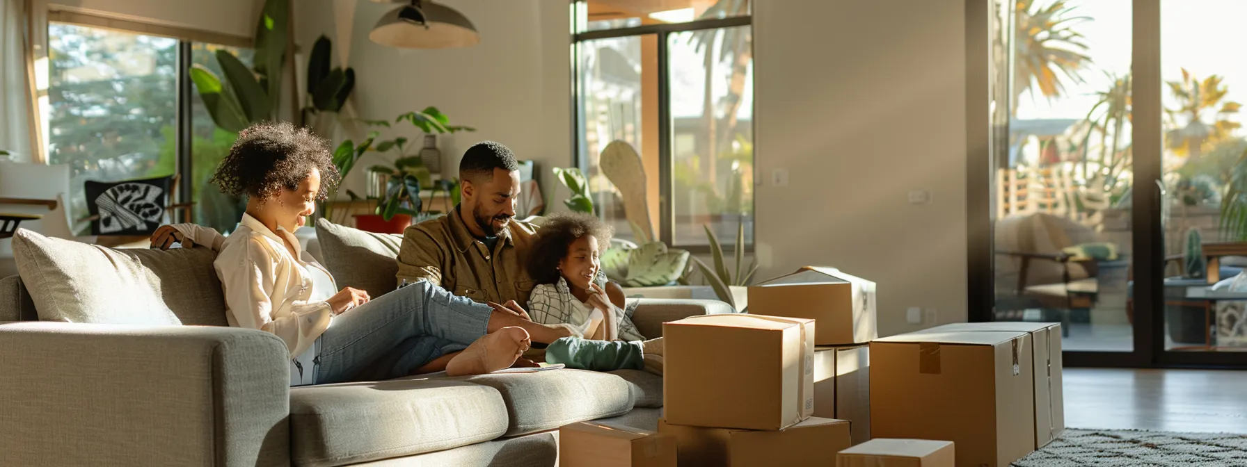 a family surrounded by moving boxes in their empty living room, discussing contract terms with professional residential movers in san diego.