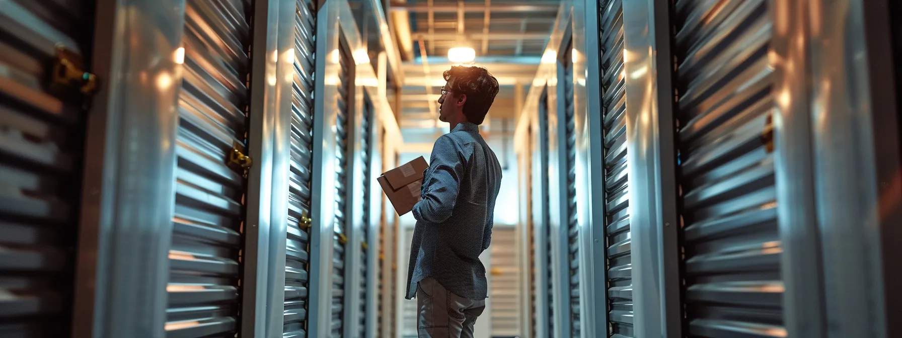 a client browsing through a neatly organized storage facility, examining the safety measures in place for protecting belongings.