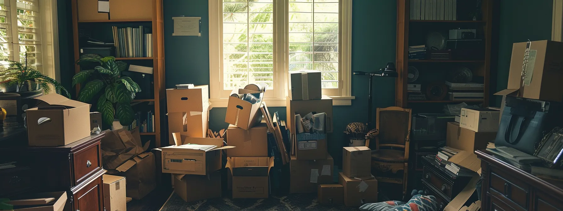 a room cluttered with moving boxes and labeled belongings, ready for a seamless transition with professional movers in san diego.