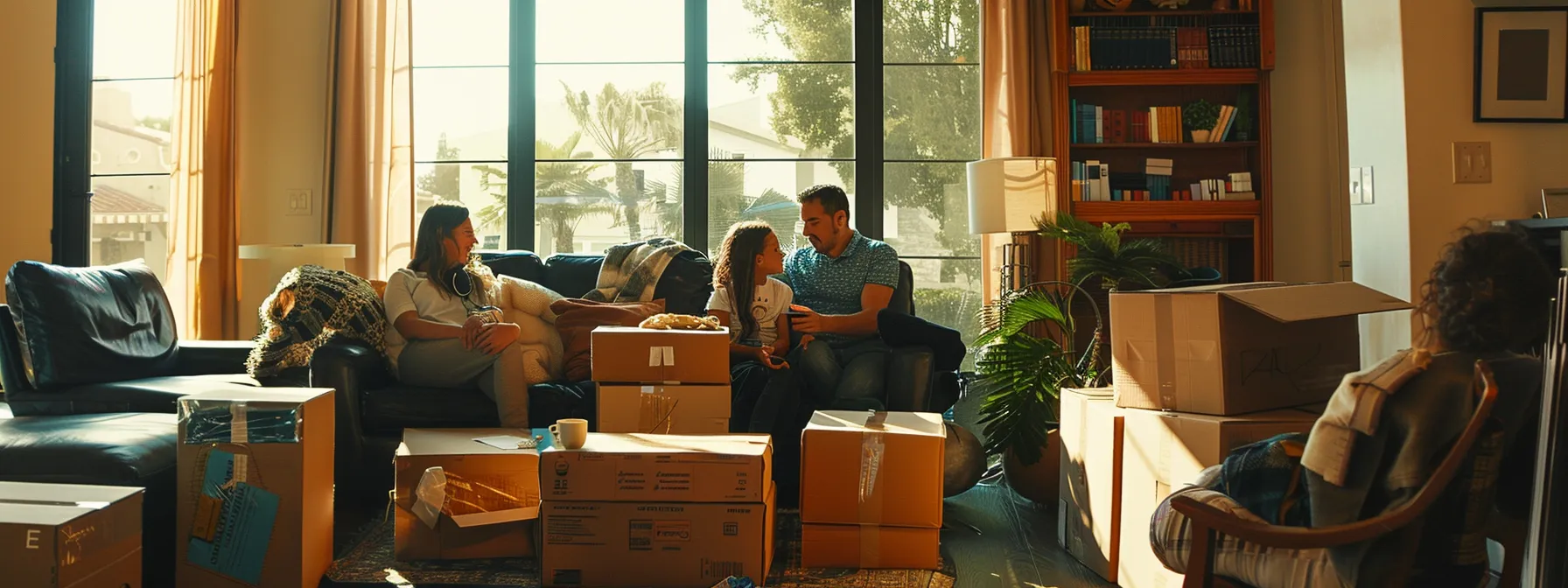 a family surrounded by moving boxes, discussing insurance options for their valuable possessions with local movers.