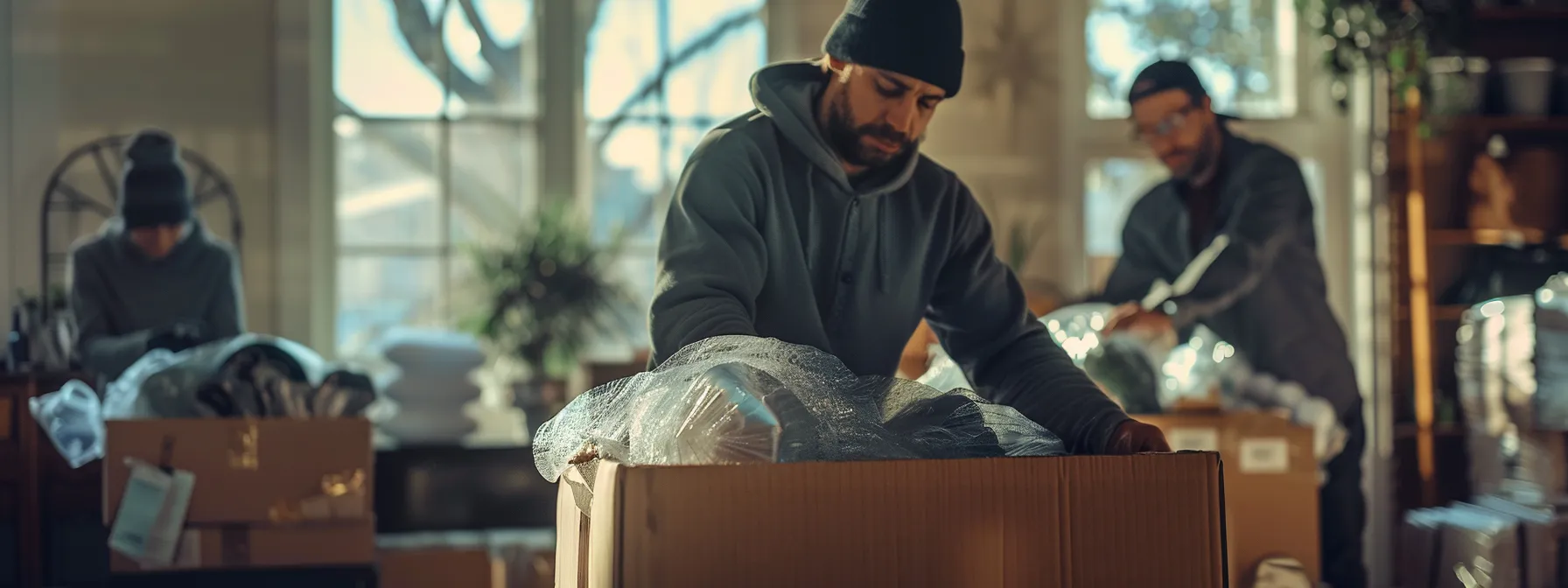 a group of san francisco movers carefully wrapping fragile items in biodegradable bubble wrap and recycled cardboard boxes.