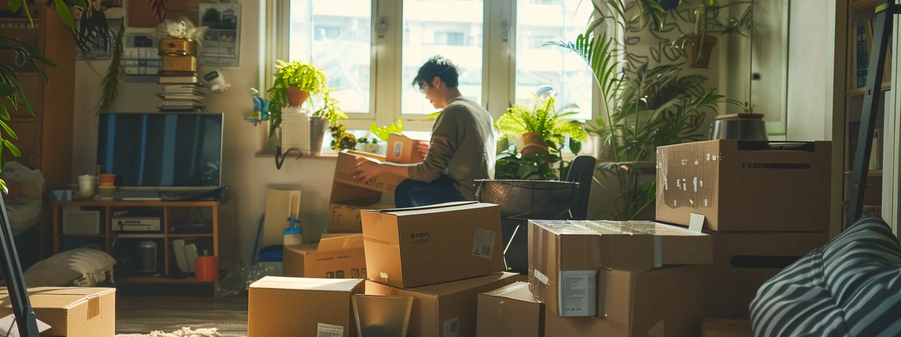 a person unpacking strategically, starting with key areas, in a well-lit room with moving boxes neatly arranged in san diego.