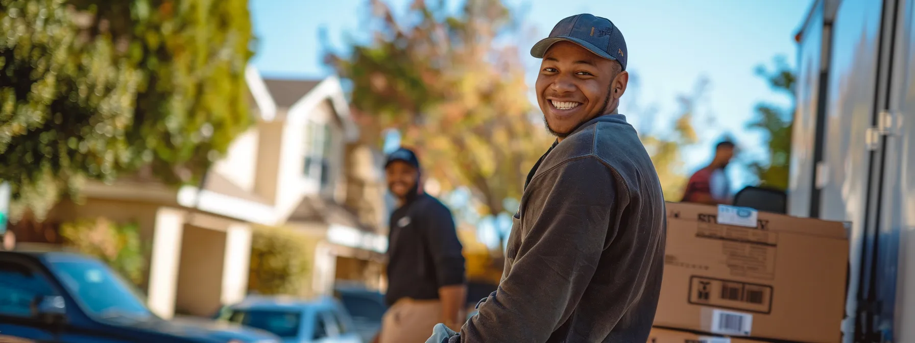 a group of san diego local movers unloading a moving truck with smiling faces, showcasing their strong community engagement and commitment to excellent service.