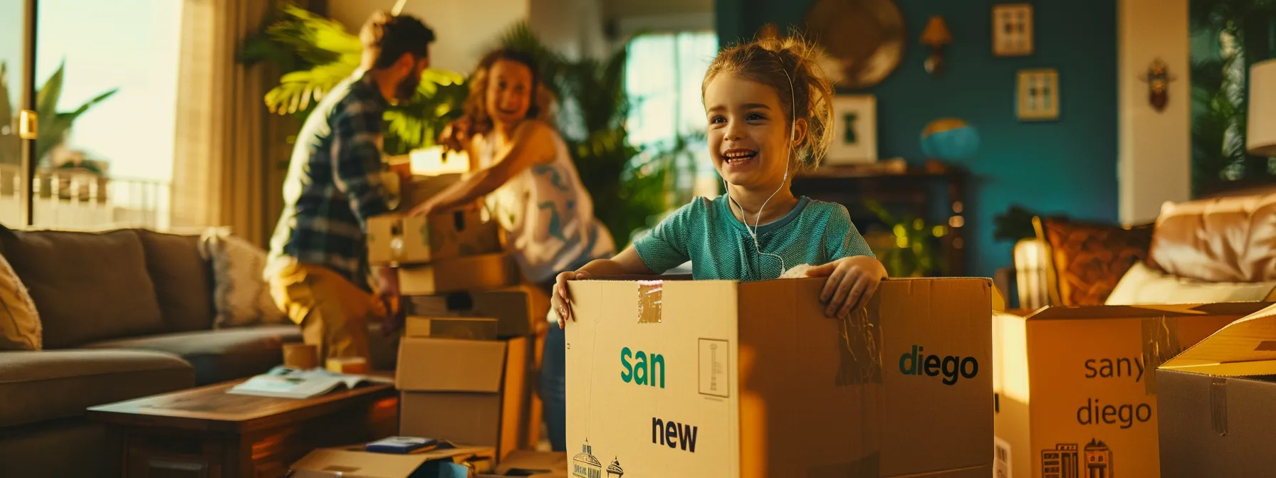 a family excitedly packing boxes labeled with "san diego" and "new home" as they prepare for interstate relocation.