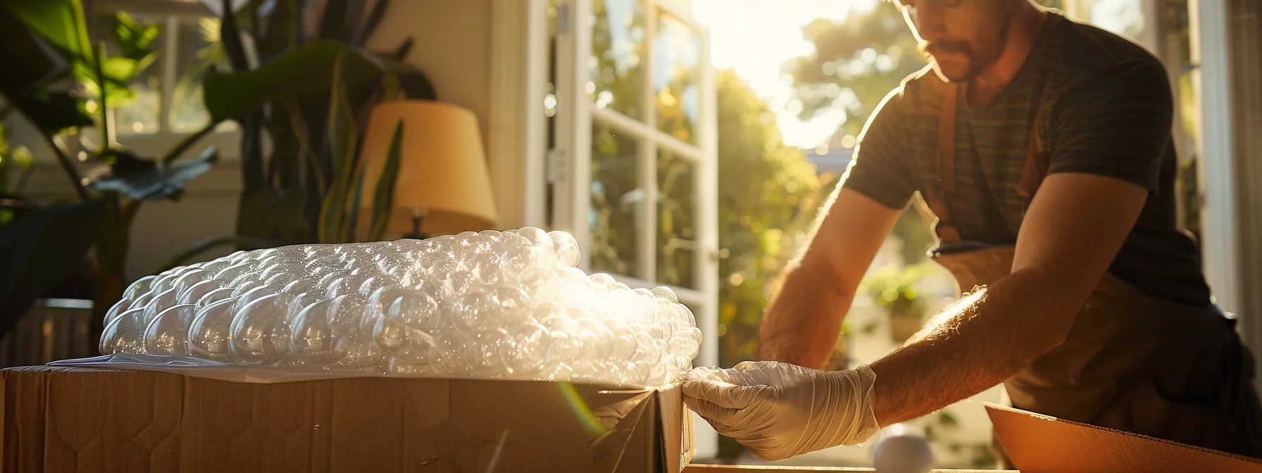 a professional packer carefully wrapping delicate items in bubble wrap in a sunny los angeles home, ready to start the journey towards a successful move.