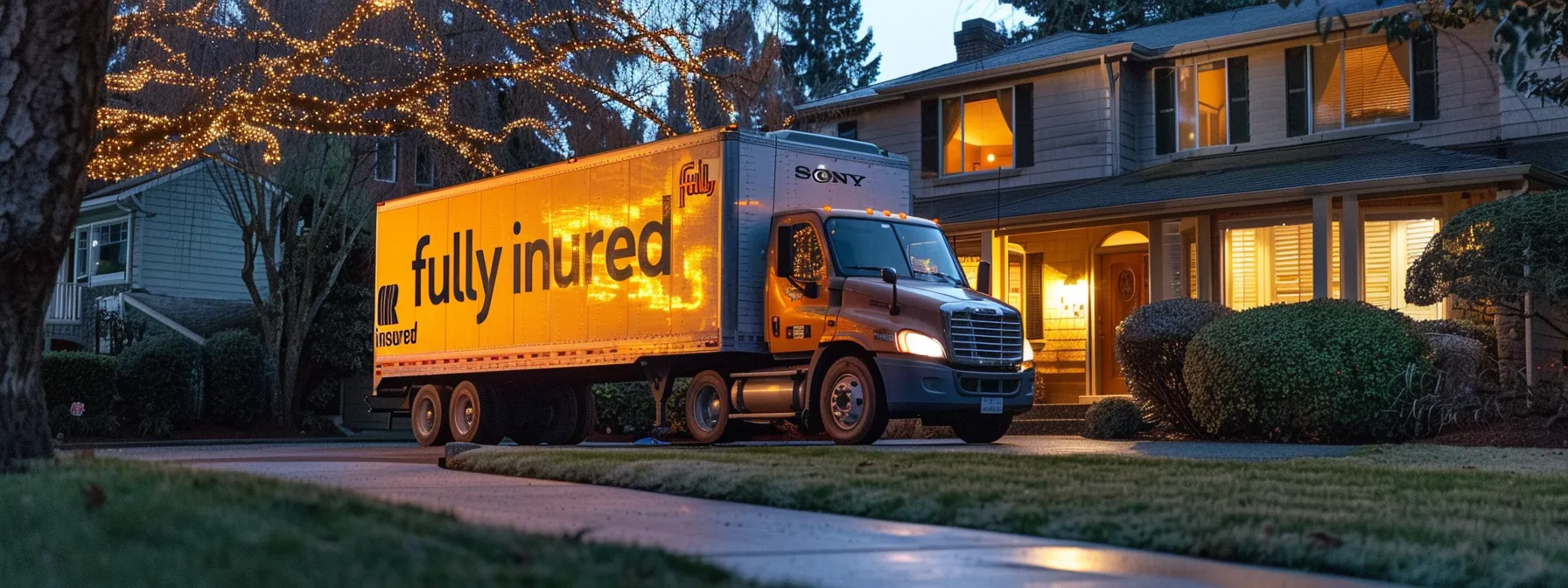 a moving truck parked in front of a house with a large 