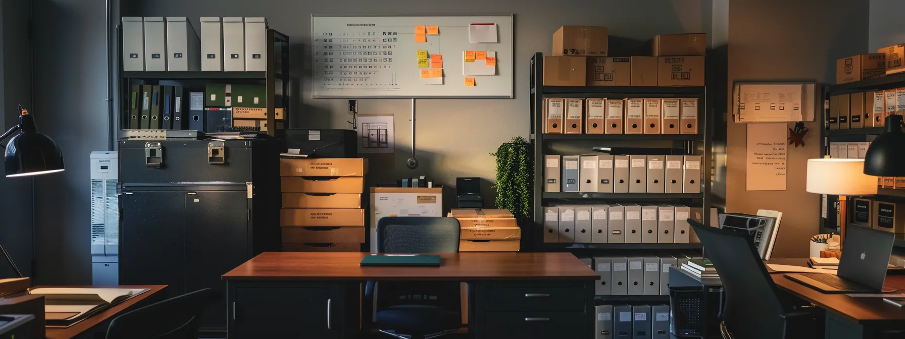 a neatly organized office desk with labeled boxes, a secure safe, and a whiteboard showing relocation plans in orange county.