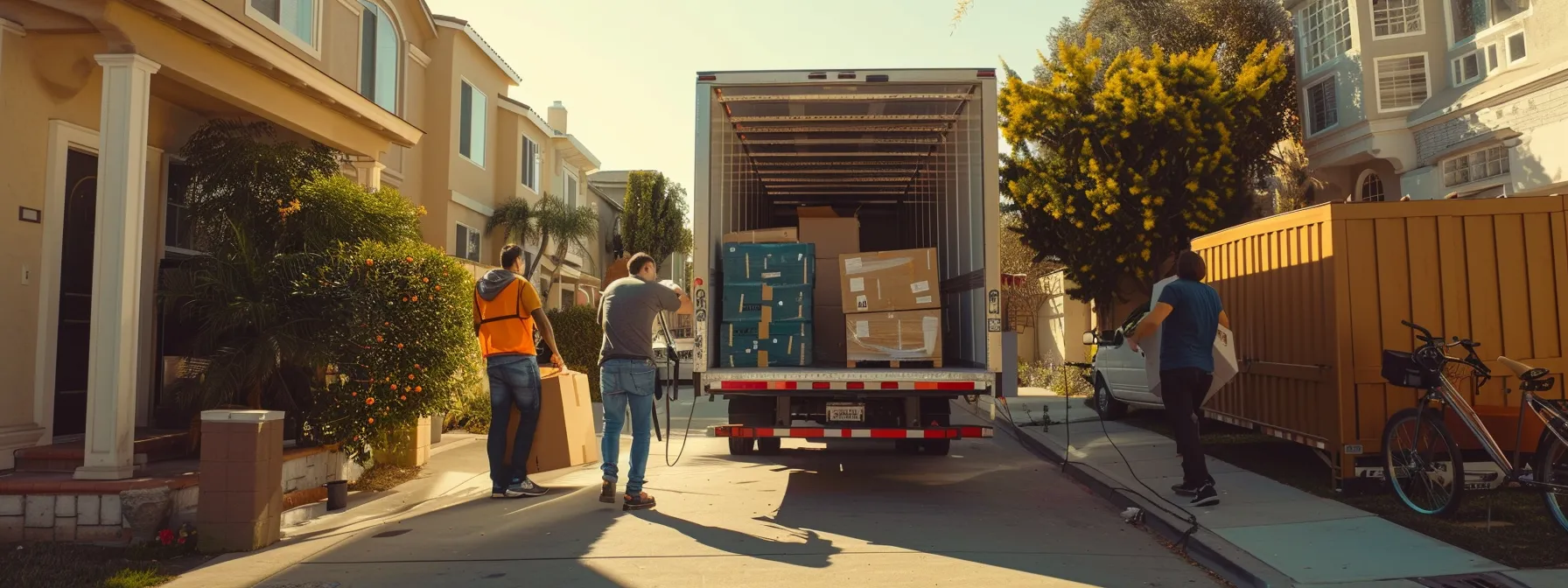 a professional moving crew carefully wrapping and loading boxes onto a moving truck in a sunny san diego neighborhood.