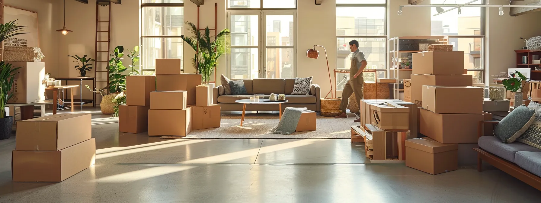 a spacious living room filled with moving boxes and furniture, with a group of movers in uniform discussing logistics and taking inventory.