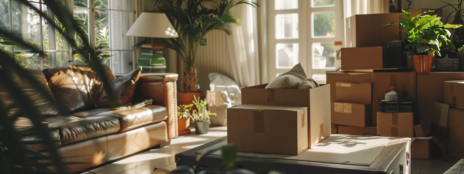 a neatly organized living room with labeled boxes and packing supplies, showcasing a stress-free moving process.