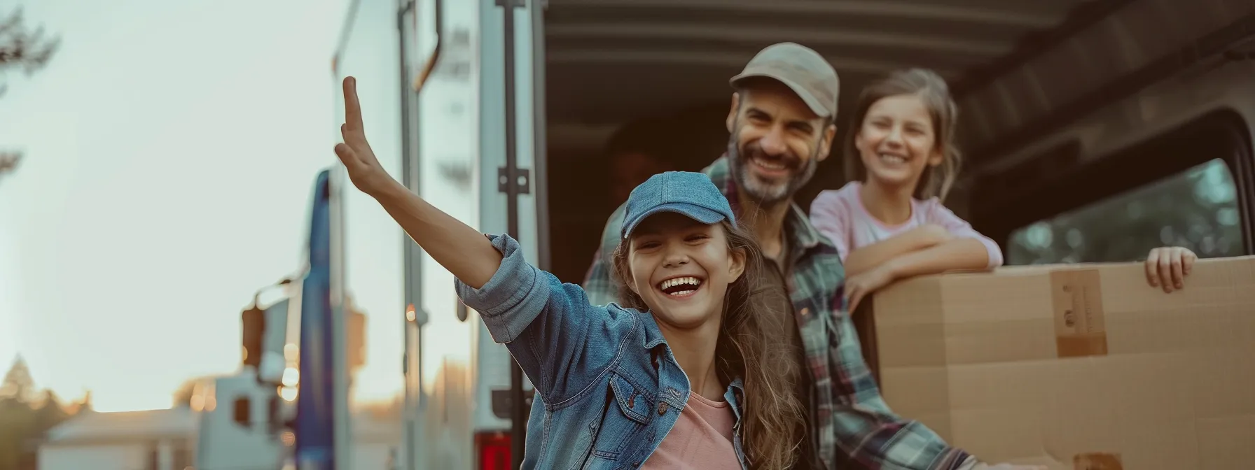 a family standing in front of a moving truck, smiling and waving goodbye as they embark on a cross-country journey with trusted long distance movers in san jose.