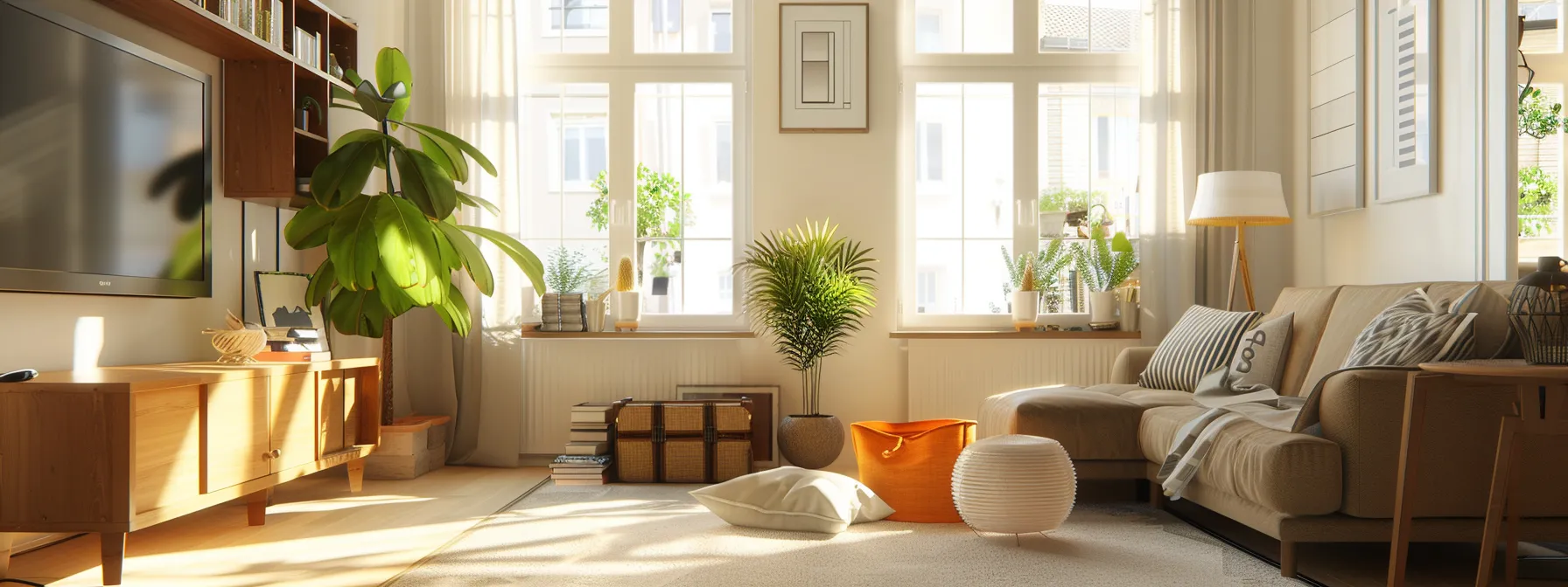 a pristine living room with neatly arranged furniture and freshly unpacked belongings, creating a welcoming and organized new home environment.