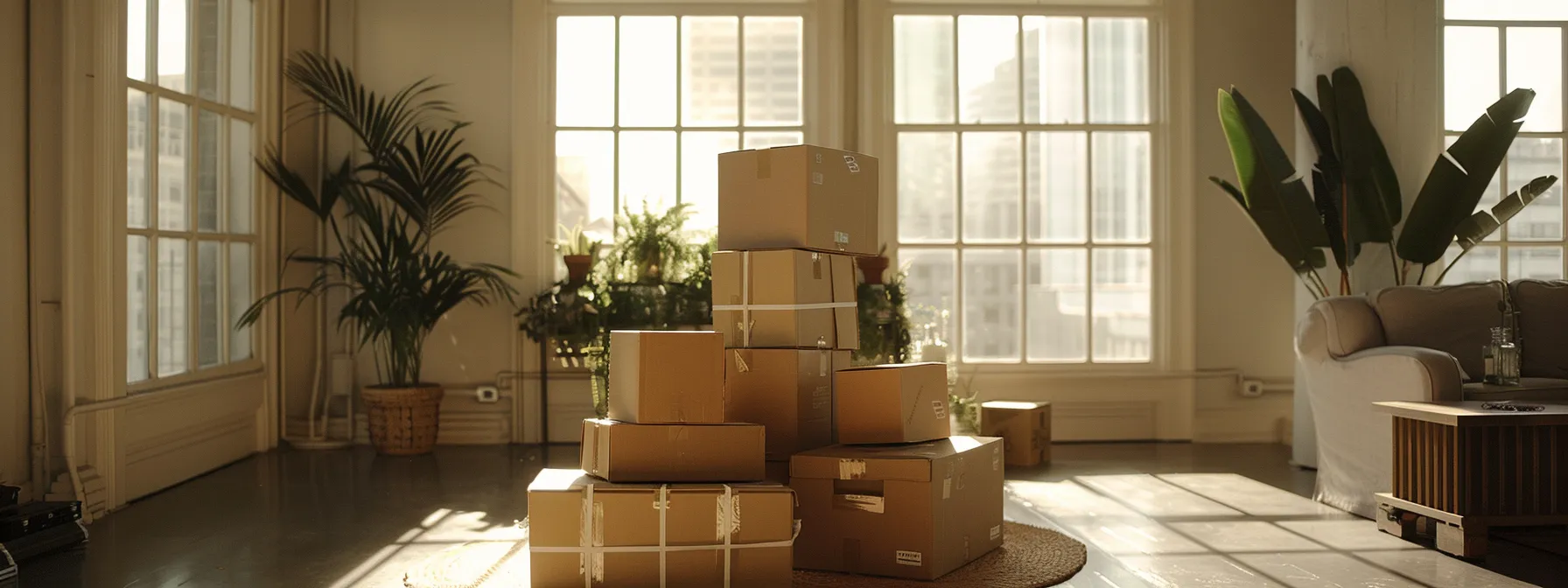 a neatly organized stack of labeled moving boxes in a spacious, clutter-free room ready for a smooth transition during a move in san diego.