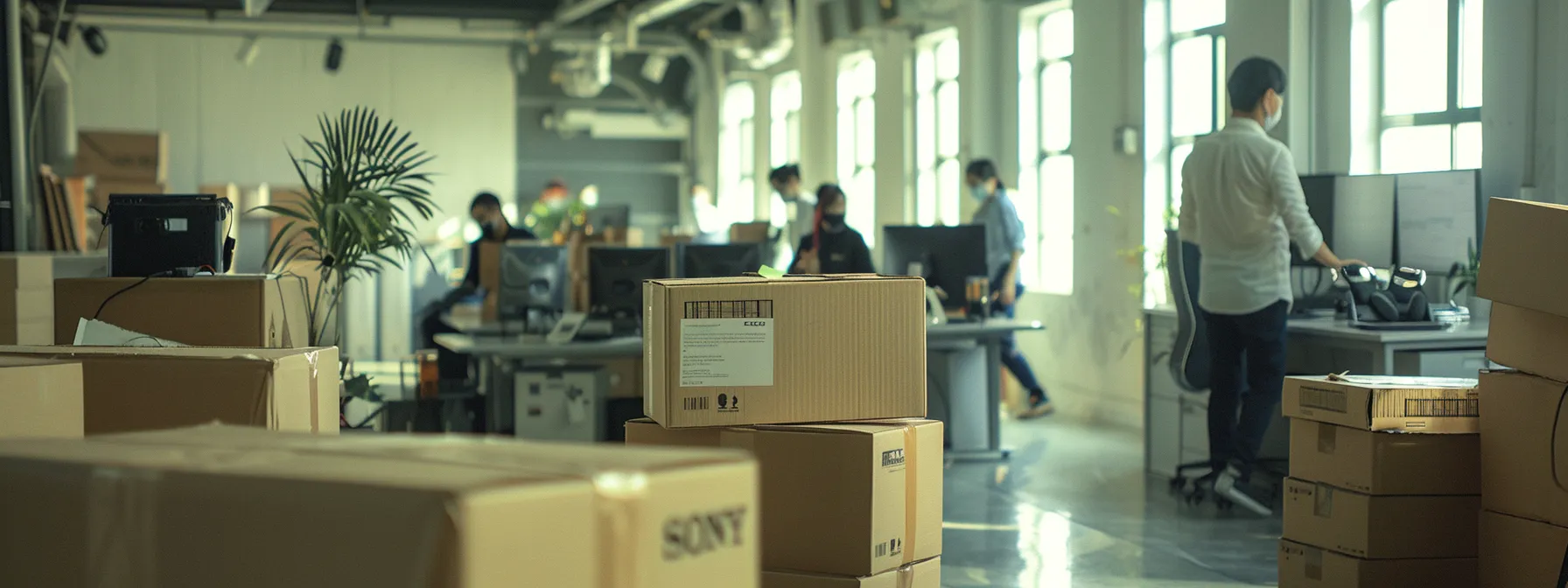 a group of movers efficiently packing up an office with precision and coordination.