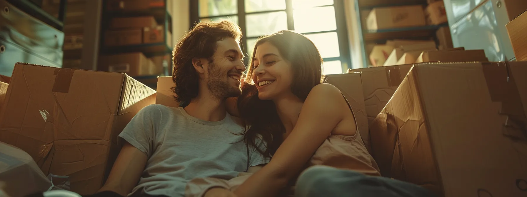 a smiling couple surrounded by neatly packed moving boxes, reading glowing reviews and testimonials of their chosen san diego moving company.