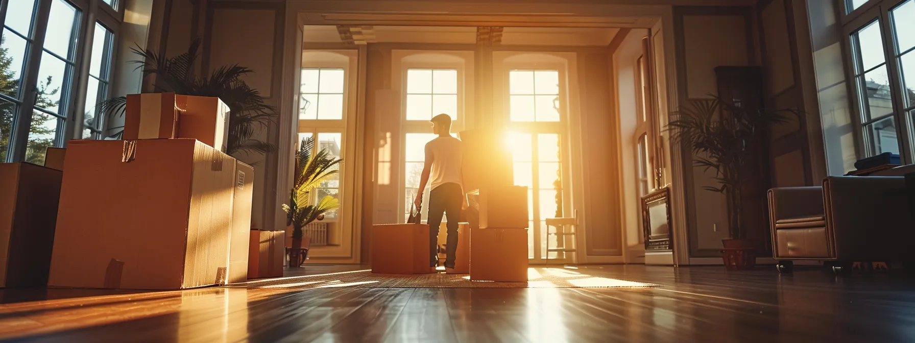 a professional local mover carefully organizing boxes in a spacious, clutter-free room, ready for a smooth and efficient move.