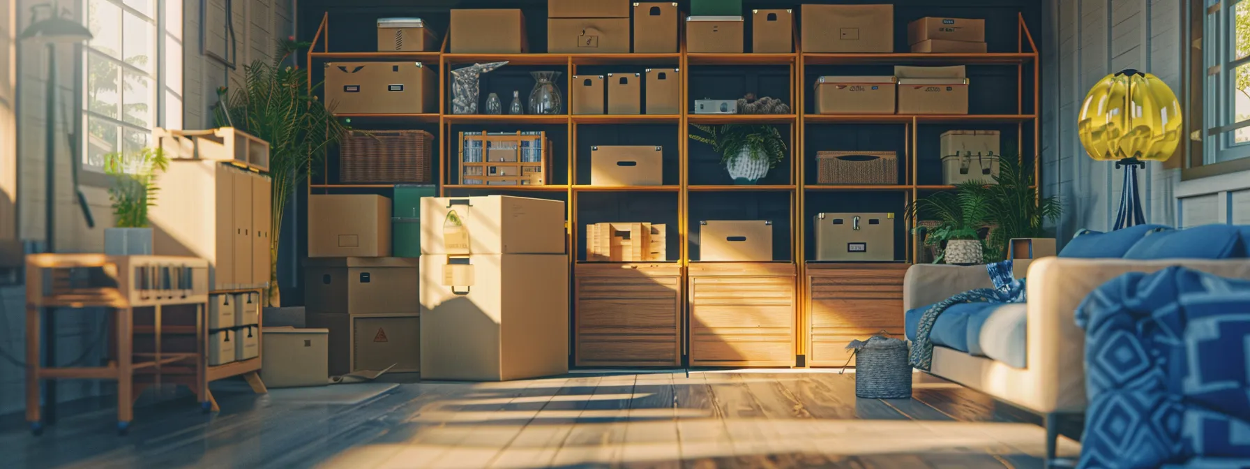 a neatly organized storage unit filled with neatly labeled boxes and furniture, providing a sense of security and order during a move.