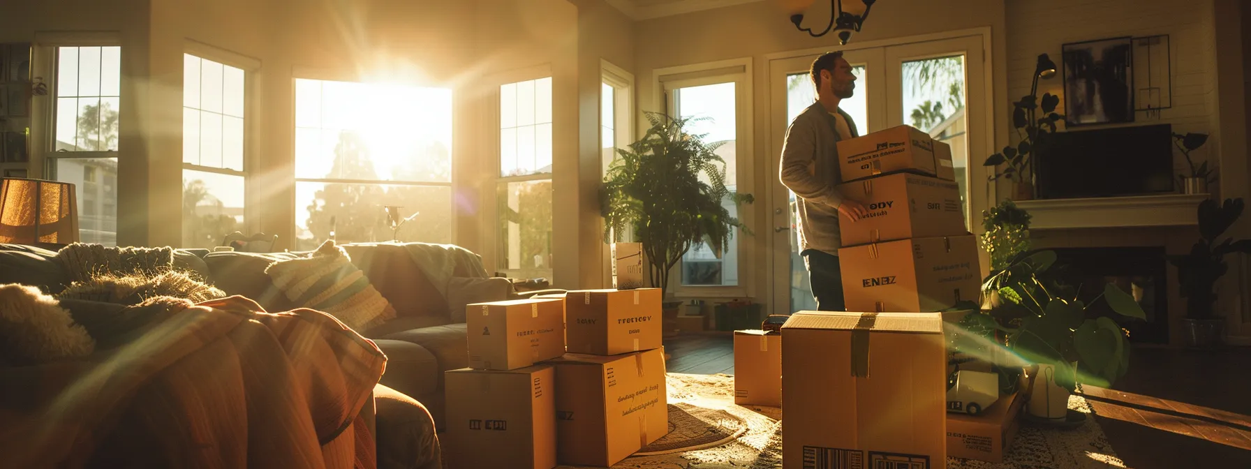 a professional packer carefully organizing personalized boxes in a spacious living room, ready for a residential move in orange county.