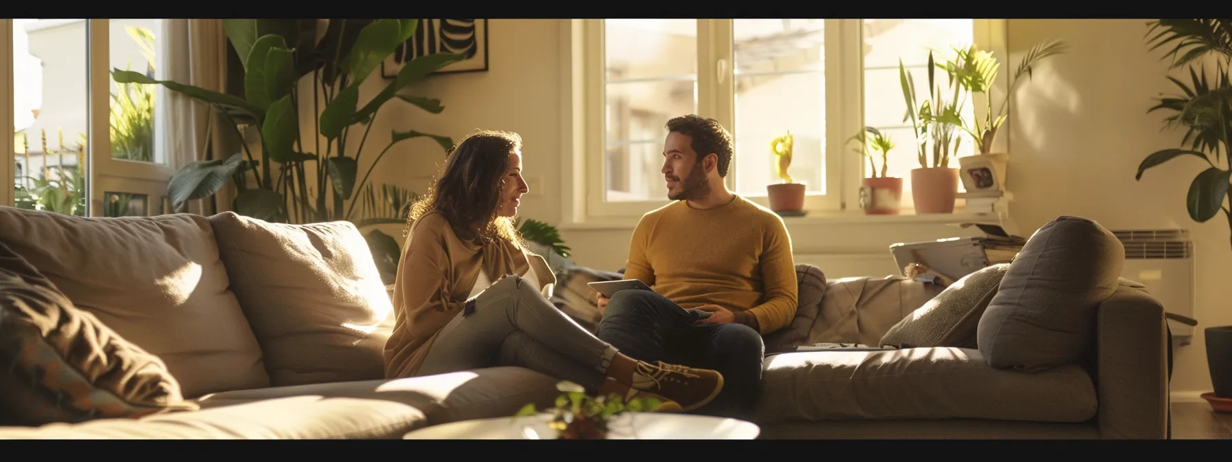 a couple discussing moving details with attentive oakland movers in their living room.