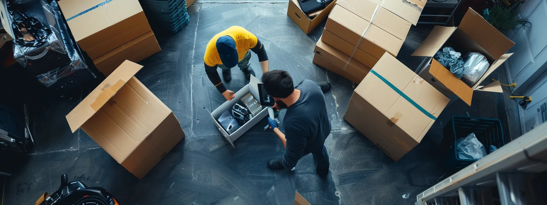 a team of movers expertly packing delicate belongings into sturdy boxes, surrounded by top-of-the-line moving equipment and safety gear.