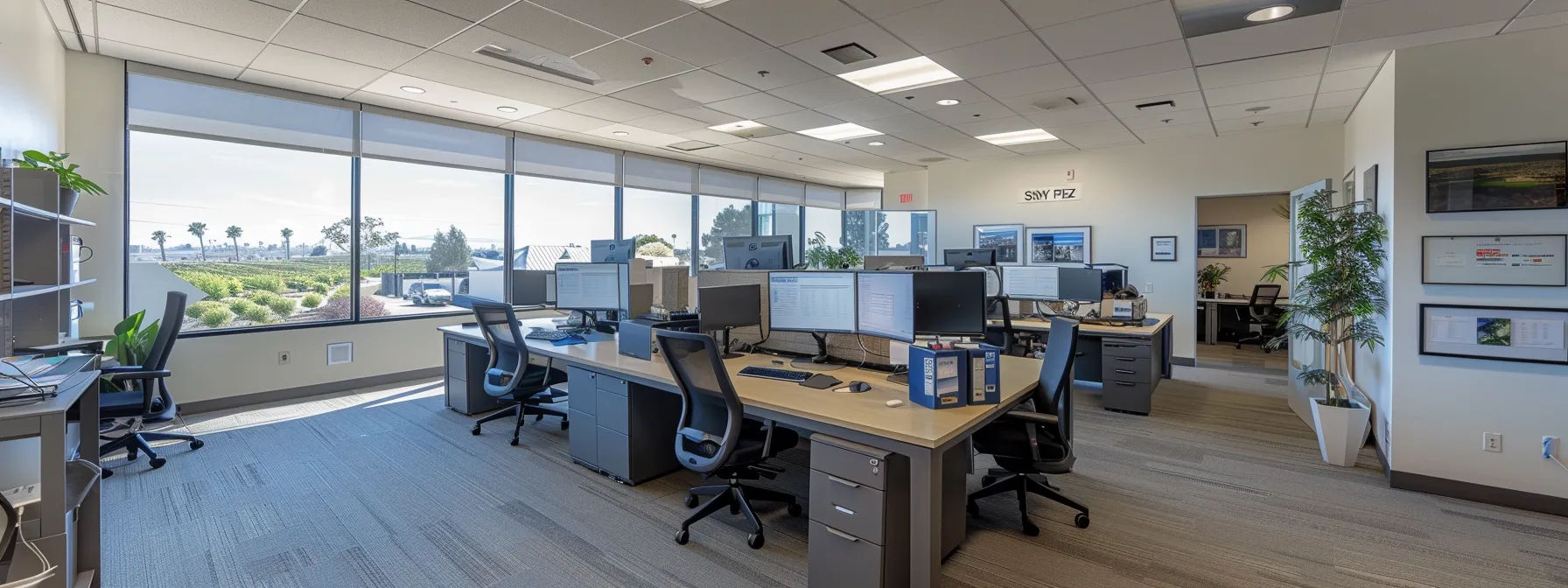 a modern, organized office space in orange county with stylish workstations, fully functional it systems, and updated contact information displayed on a sleek desk.