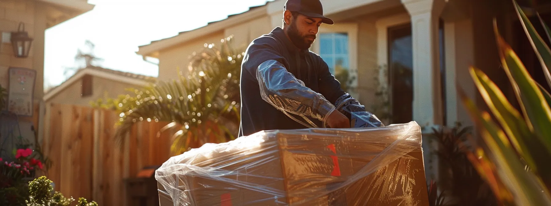 a professional mover carefully wrapping a piece of furniture in shrink wrap in a sunny san diego neighborhood.