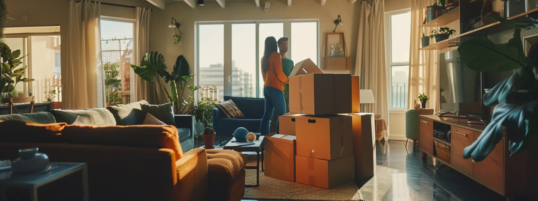 A Couple Standing In A Spacious Living Room, Carefully Packing Delicate Belongings Into Moving Boxes As They Plan Their Relocation In Silicon Valley.