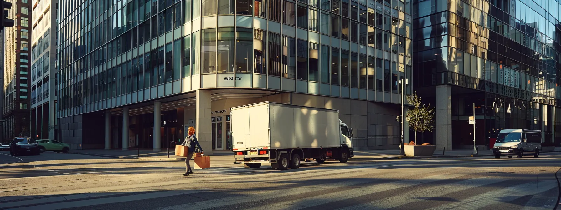 a bustling city street with a moving truck parked outside a sleek office building, movers carrying boxes and furniture inside.