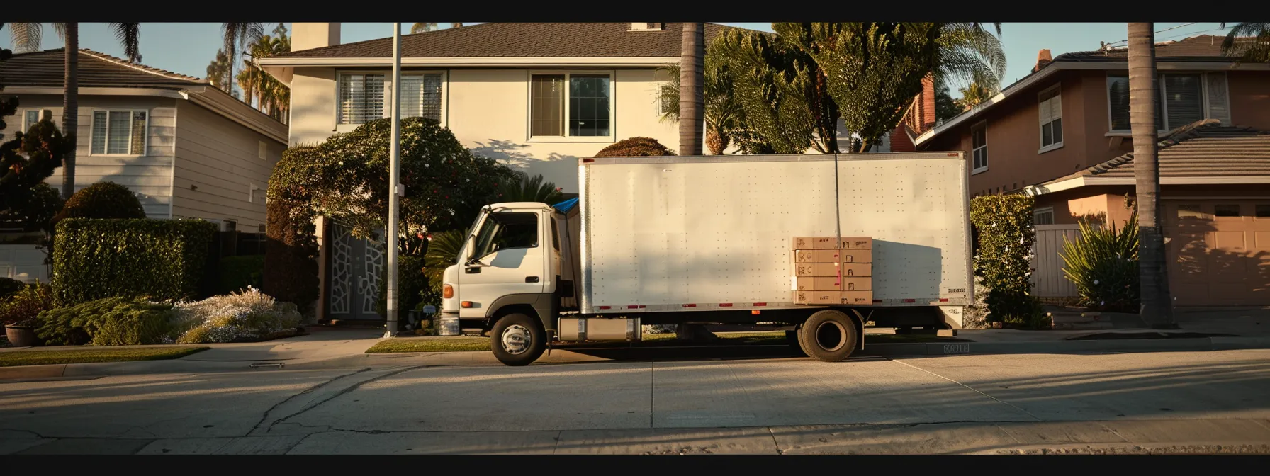 a moving truck parked outside a san diego home, with a stack of insurance and liability documents being exchanged between a homeowner and a mover.