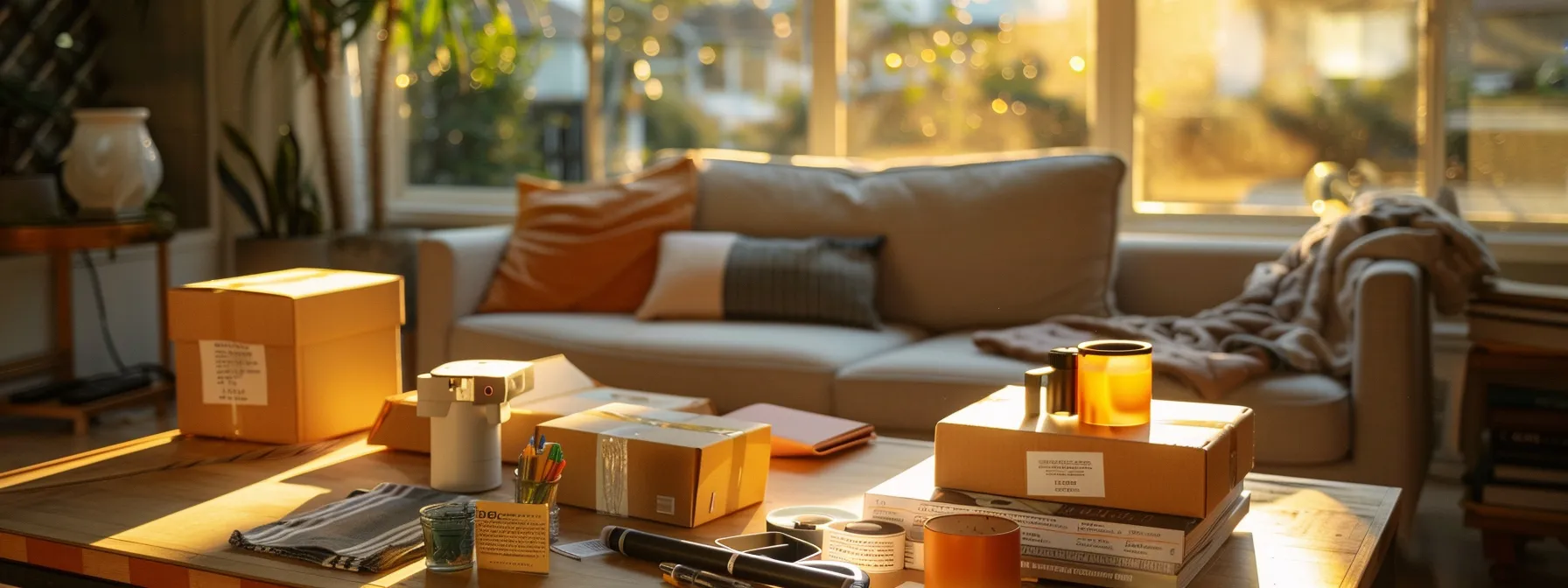 a neatly arranged essentials kit for moving day, complete with labeled boxes, packing tape, and markers, sits ready for use in a sunlit living room.