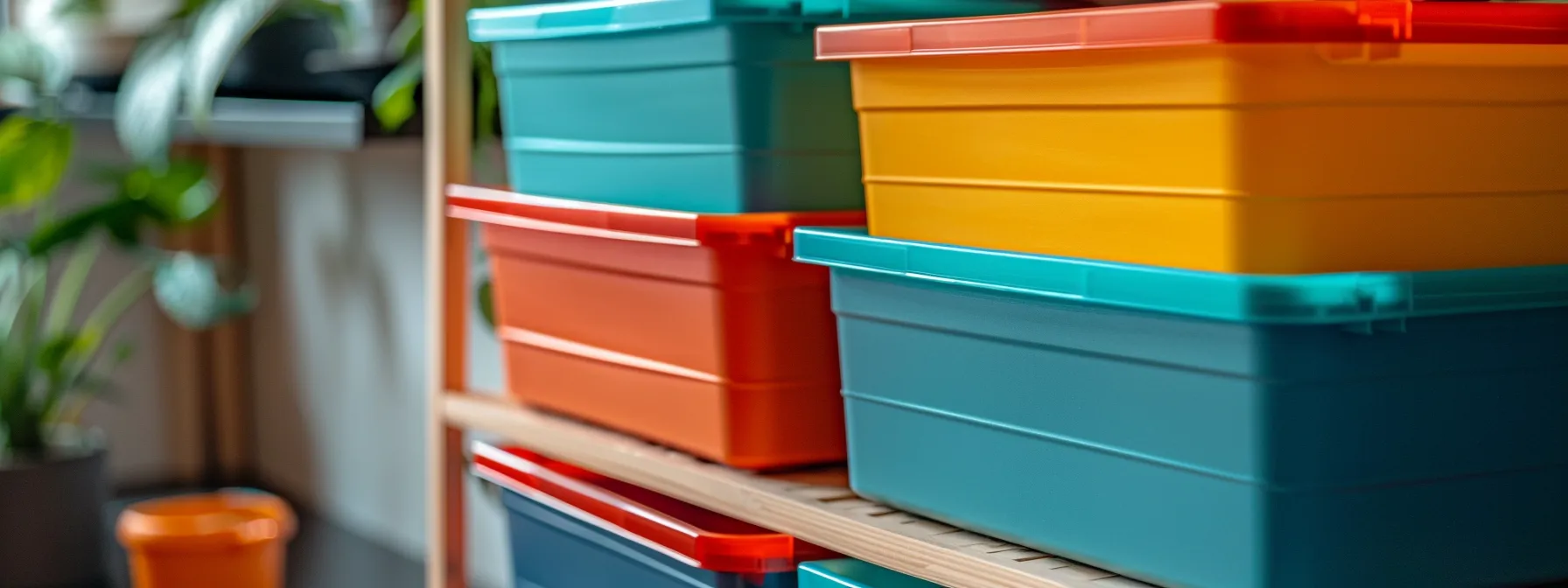 a close-up photo of a stack of sturdy, colorful reusable containers and totes, showcasing practical and sustainable packing solutions for everyday use in orange county.