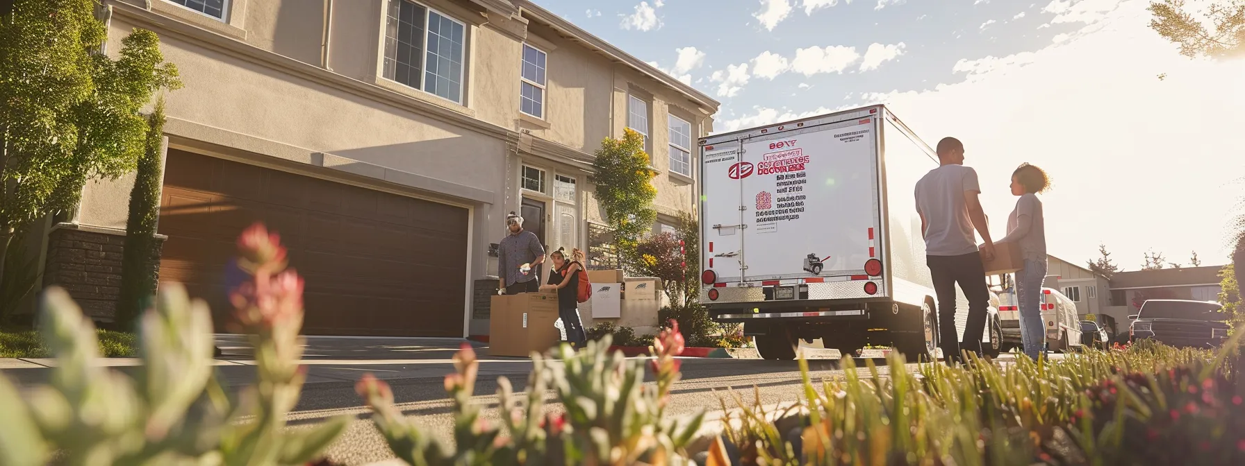 A Family Inspecting A Professional Moving Truck In Front Of Their San Jose Home, Surrounded By Moving Boxes Labeled With Reputable Moving Company Logos.