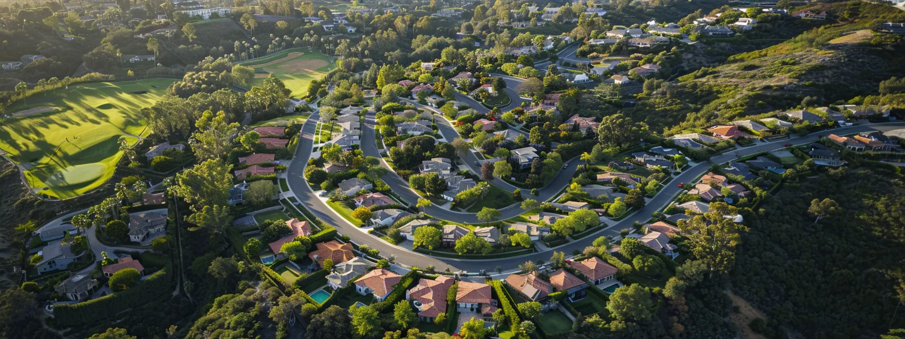 a serene suburban neighborhood nestled among lush green parks and winding trails, embodying comfort and a strong sense of community in scripps ranch.