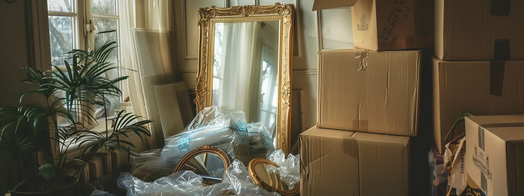 a carefully wrapped mirror with protective cushioning, secure electronics and cables, and artwork safely packed in a moving box.