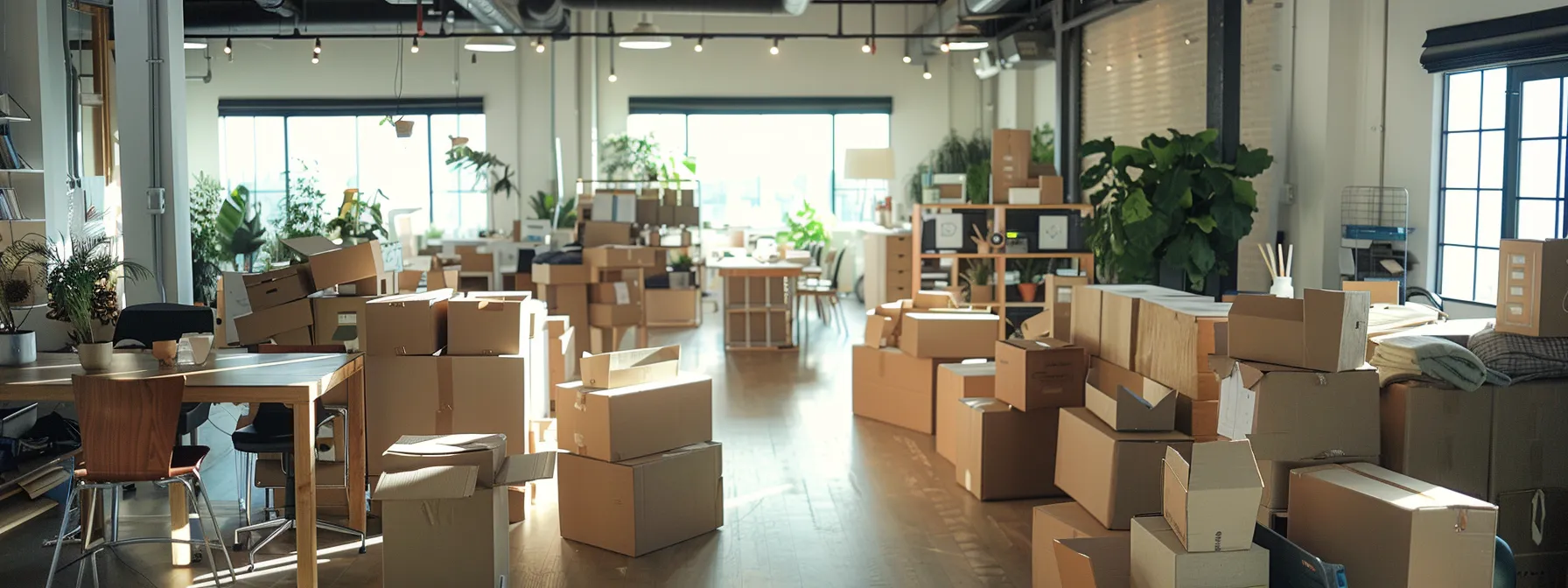 a bustling office space filled with cardboard boxes, packing supplies, and a team of movers coordinating a seamless and efficient commercial relocation.