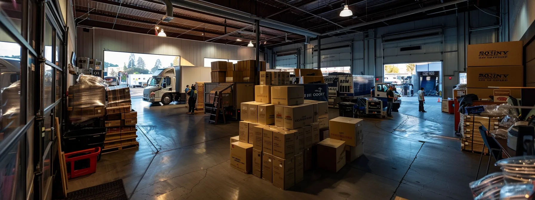 a bustling san jose moving company office filled with stacks of labeled boxes, friendly staff, and moving trucks parked outside.