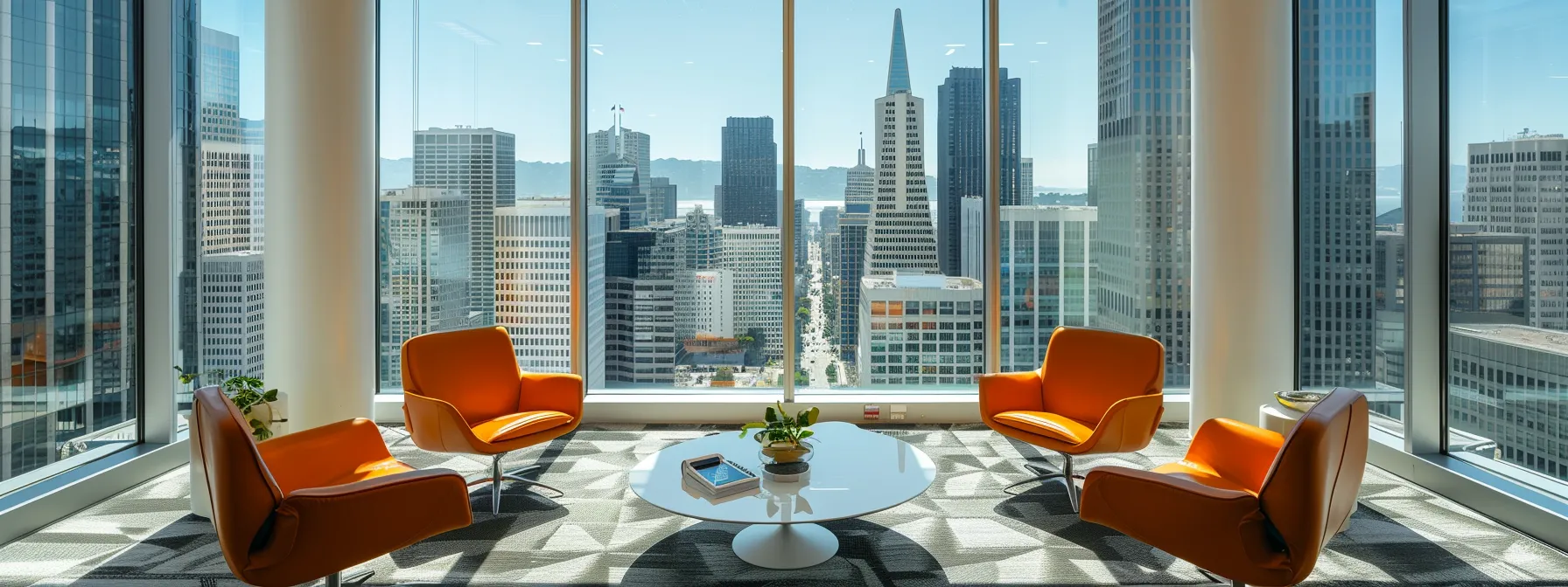 a sleek, modern office space in san francisco with ergonomic furniture, state-of-the-art technology, and a breathtaking city view through floor-to-ceiling windows.